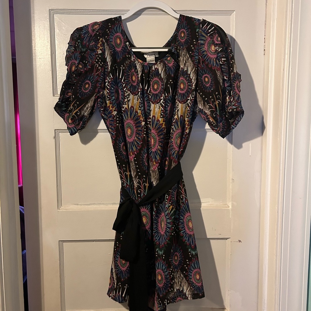 Multi-Colored, Patterned Mini Dress With Waist Tie - image 1